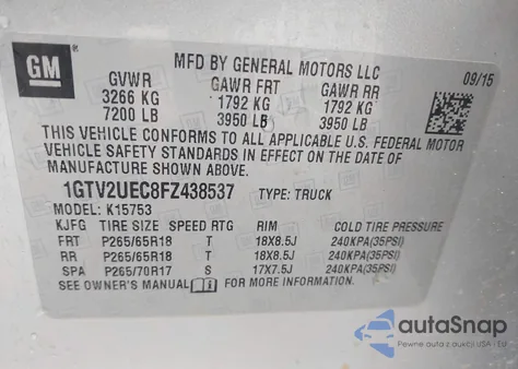 2015 GMC Sierra 1500 Sle from USA, damaged, VIN 1GTV2UEC8FZ438537